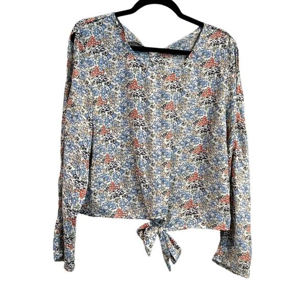 Moral Fiber Blouse Top Shirt Size XL Floral Tie front Ballon Sleeve open slit on - Picture 1 of 11